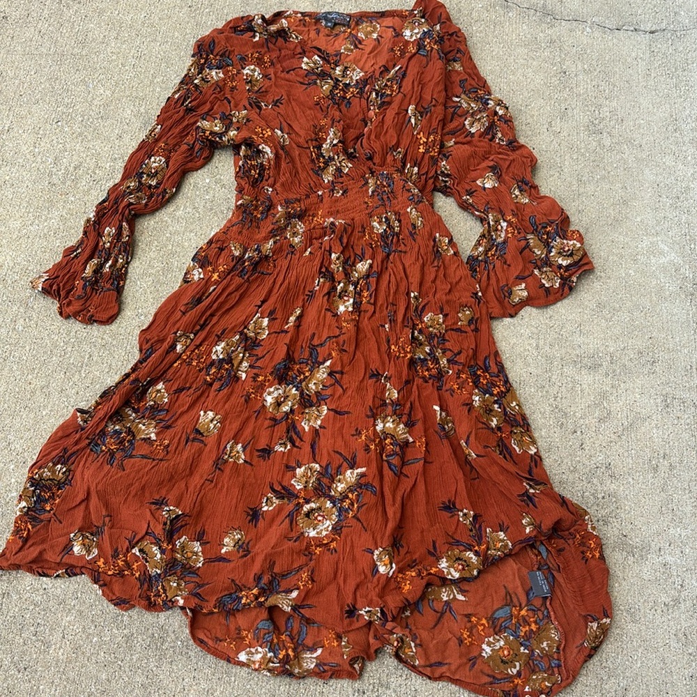 Nostalgic Floral Rust Orange Flowy Flare Maxi Printed elastic waist Hippie Fairy